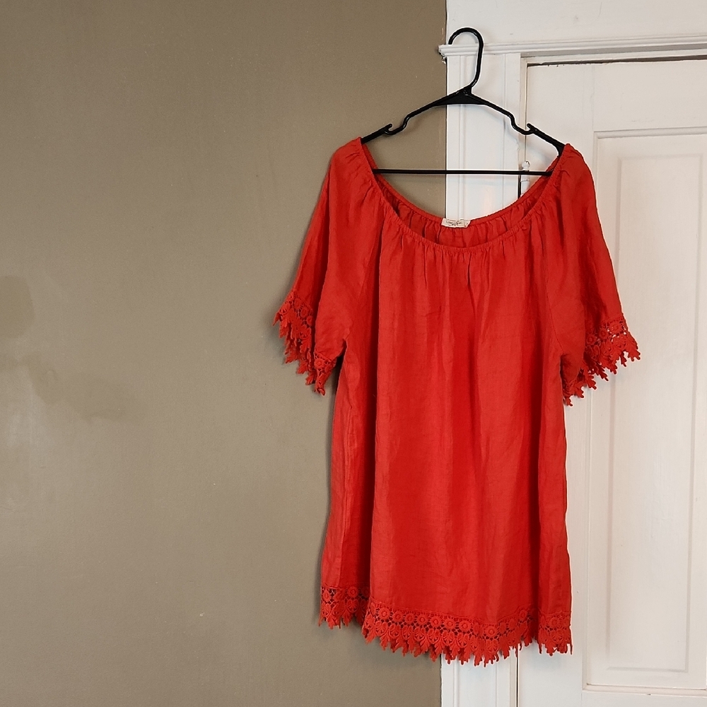 Orange Women's Top with Lace Trim